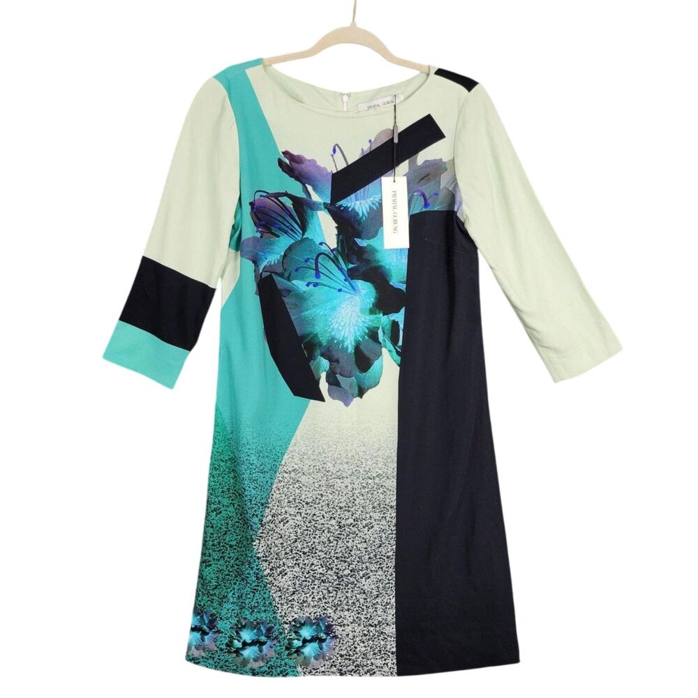 NWT PRABAL GURUNG Blue Abstract Artsy Floral Modest Cocktail Dress ITALY SIZE 4